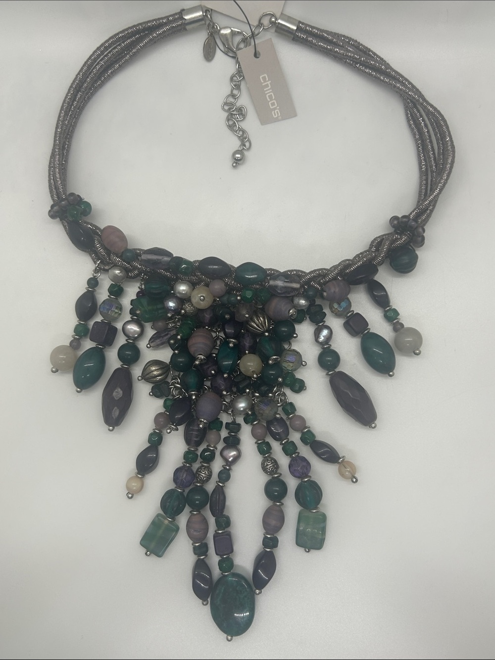 Chico's Teal, Gray and Purple Beaded Tassel Necklace